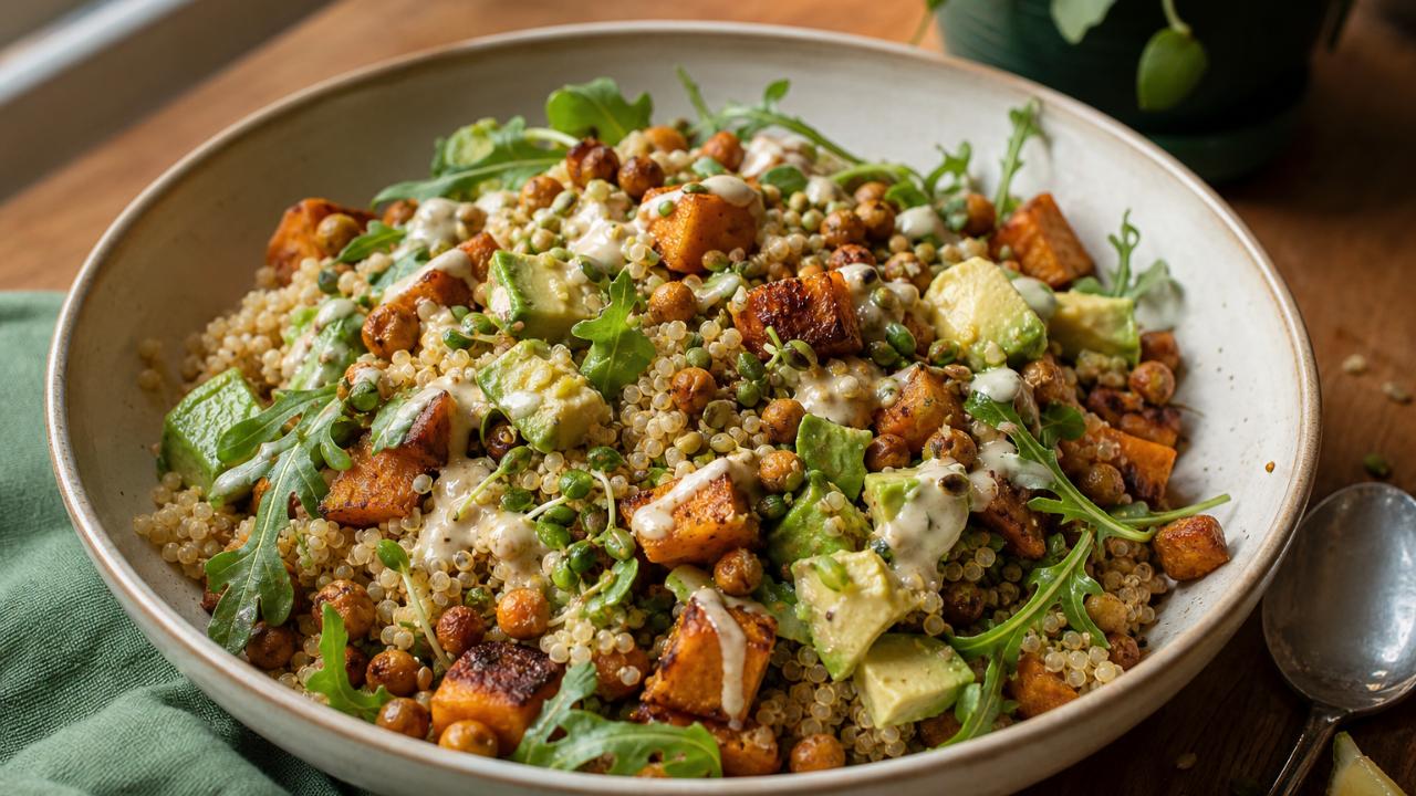 Quinoa bowl s podzimní zeleninou a tahini dresinkem