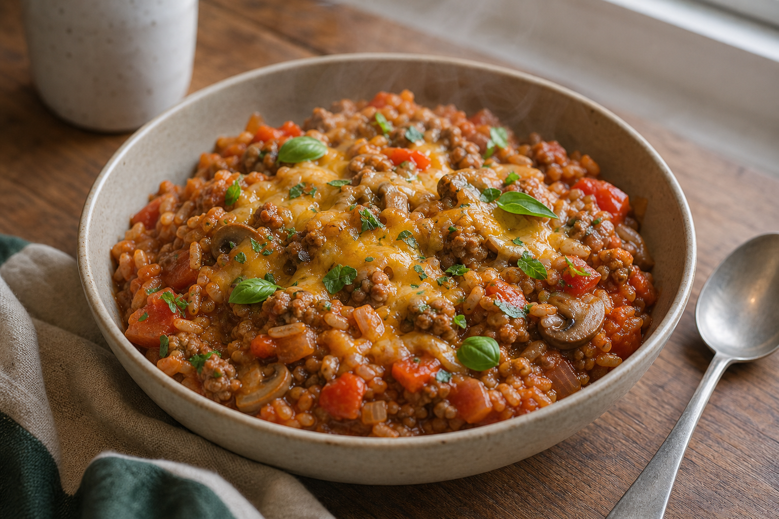 Riso con carne macinata in salsa di pomodoro – piatto unico in padella