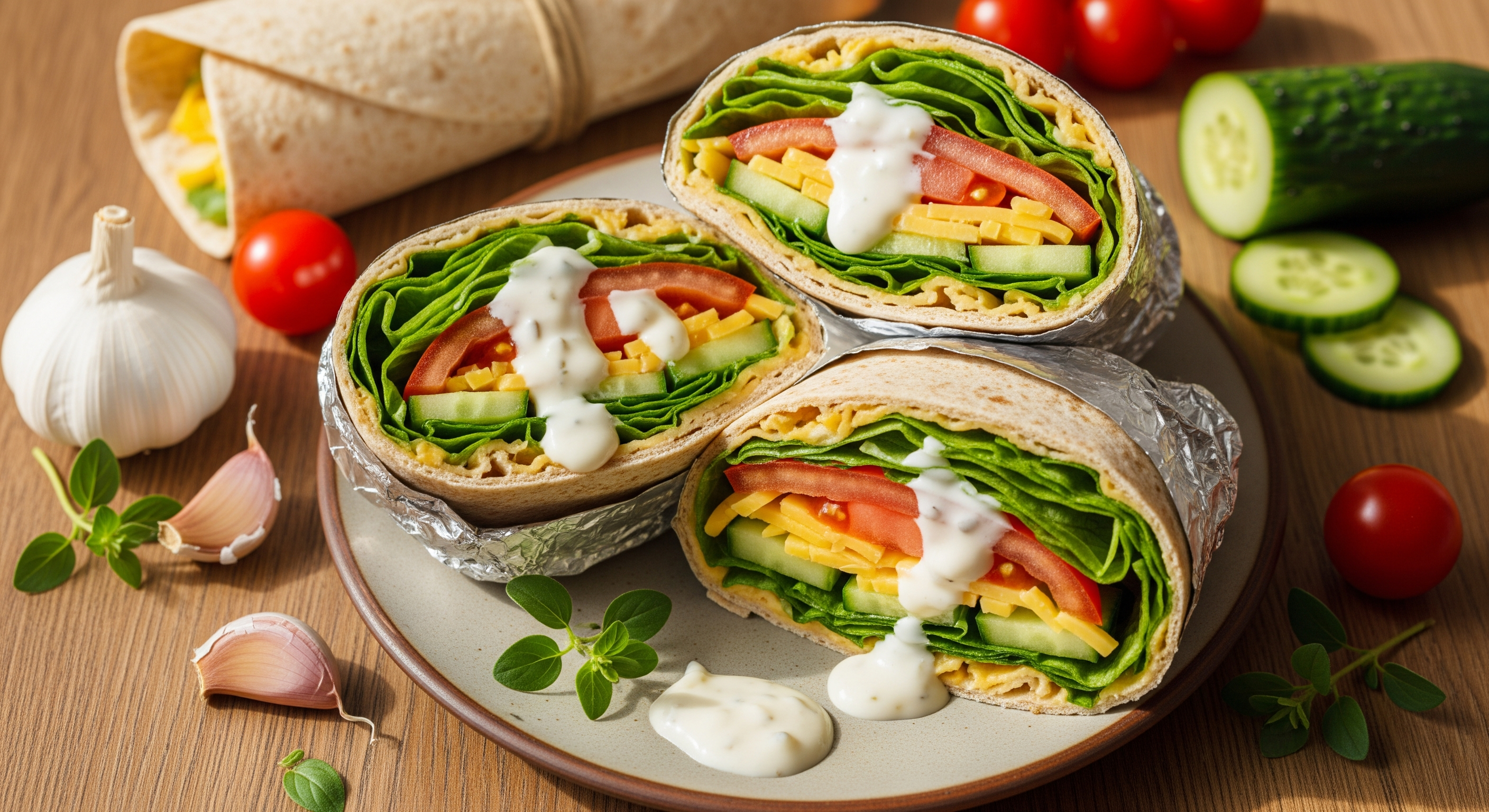 Tortilla integrale con verdure e salsa allo yogurt e aglio