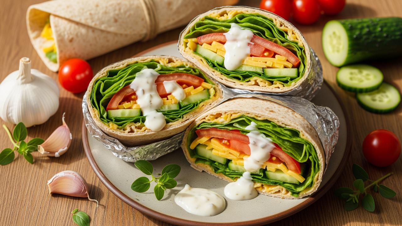 Celozrnná tortilla se zeleninou a česnekovým dresinkem