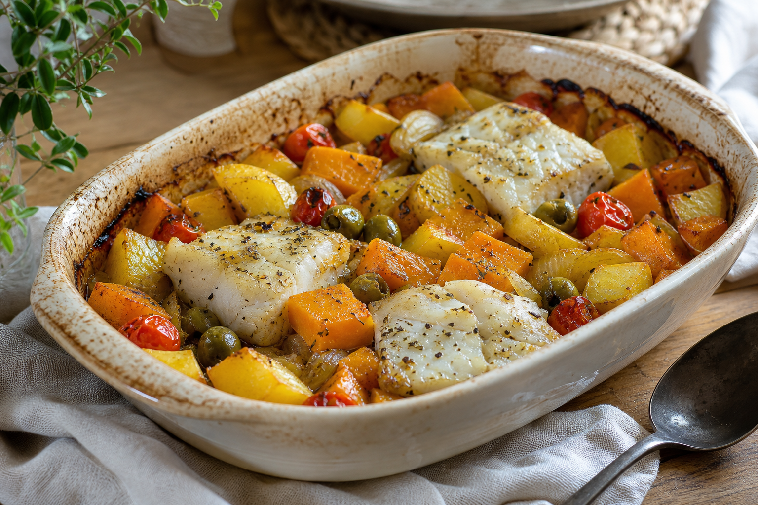 Merluzzo al forno con zucca, patate, olive e pomodorini