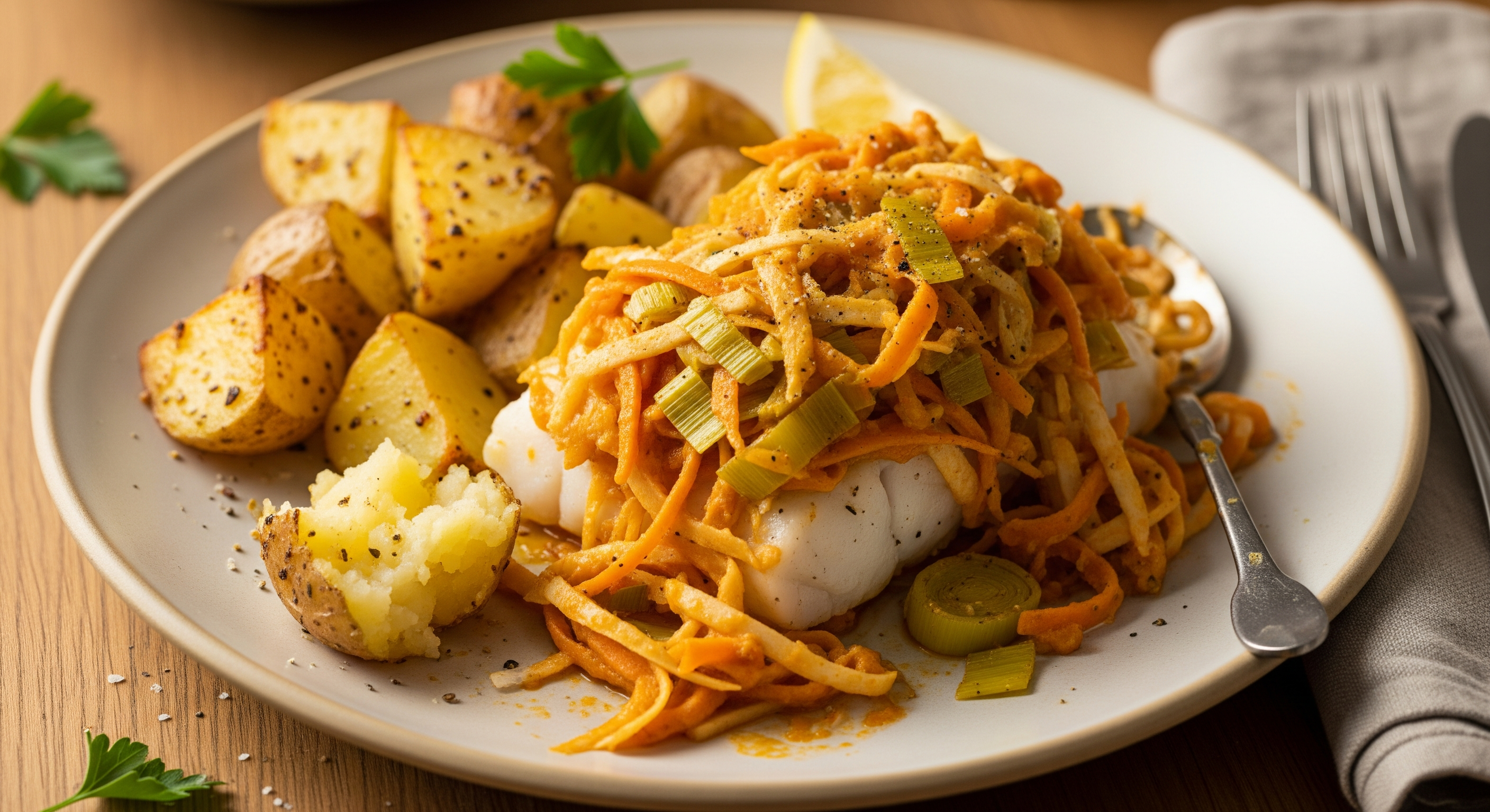 Baked Cod with Vegetables in Mustard Sauce with Potatoes