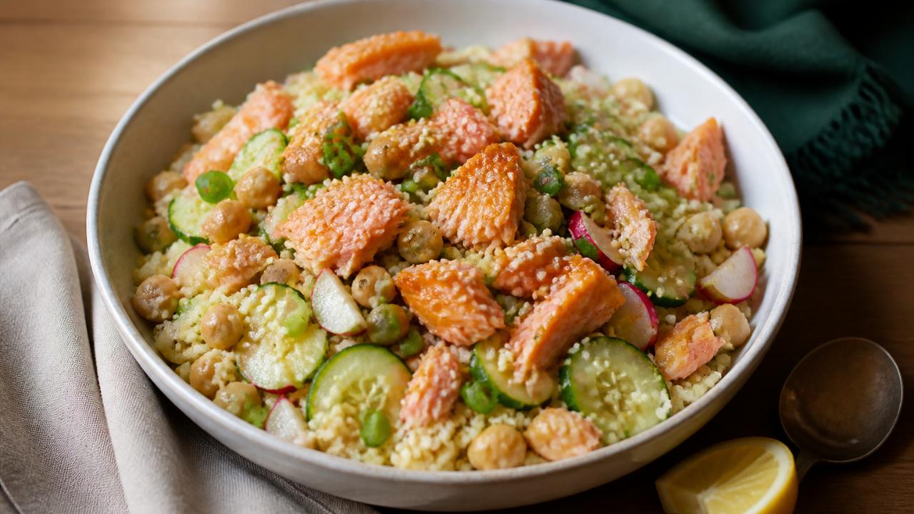 Salad with Roasted Salmon, Couscous, and Vegetables