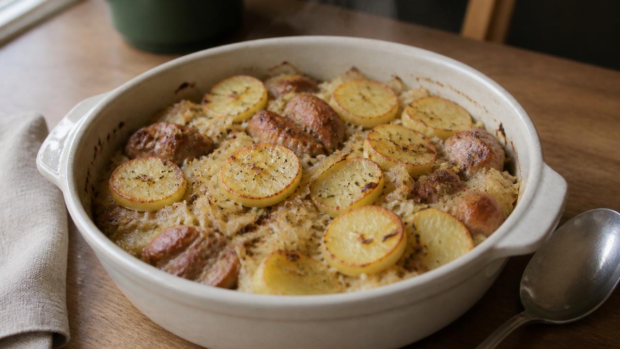 Baked chicken thighs with sauerkraut and potatoes
