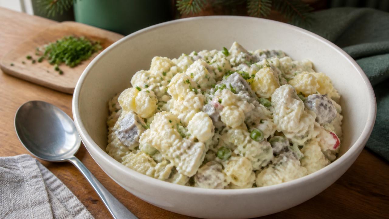 Herring salad with potatoes, egg and apple