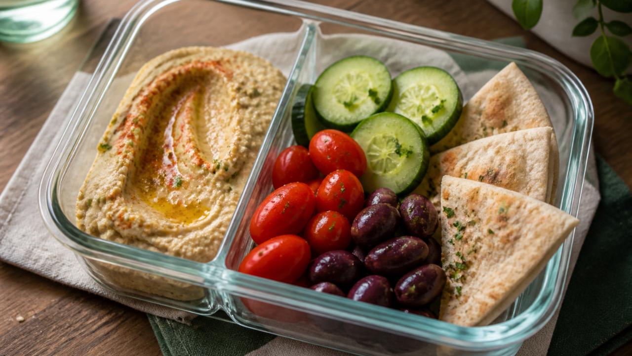 Hummus Lunch Box with Cucumber, Grape Tomatoes, Olives, and Pita