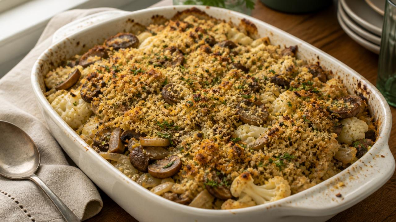Vegan cauliflower casserole with mushrooms and breadcrumb topping