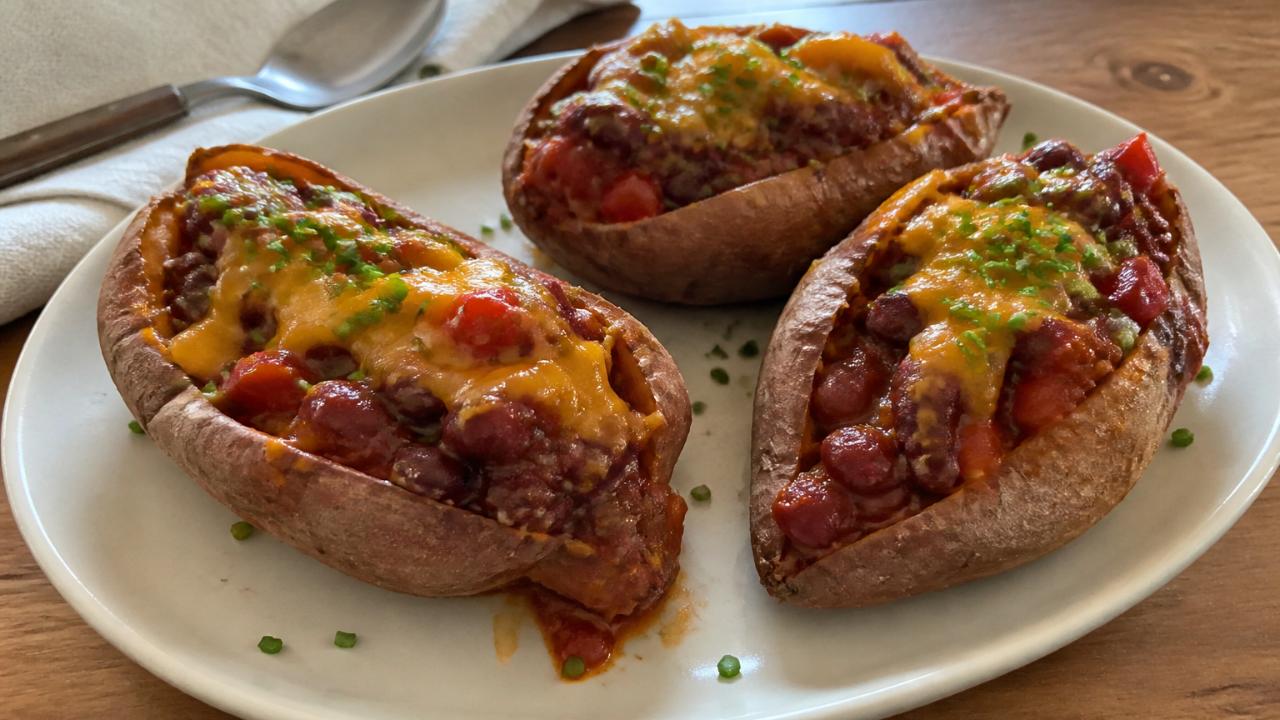 Vegetarian chili-stuffed sweet potatoes