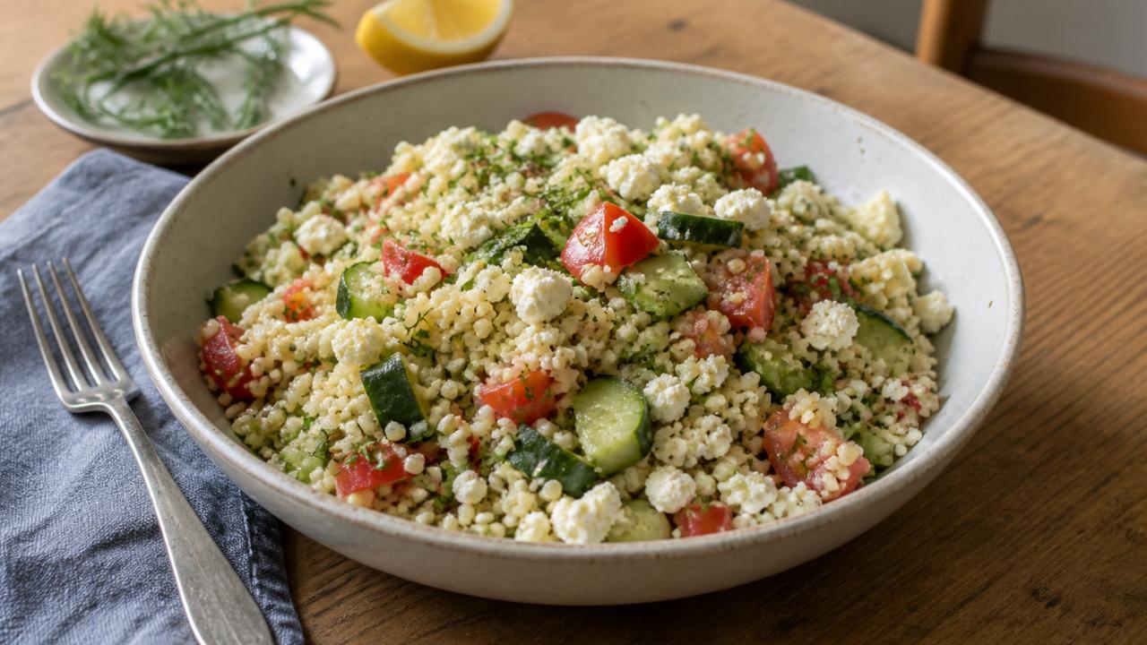 Couscous salad with cucumber, tomatoes, and feta