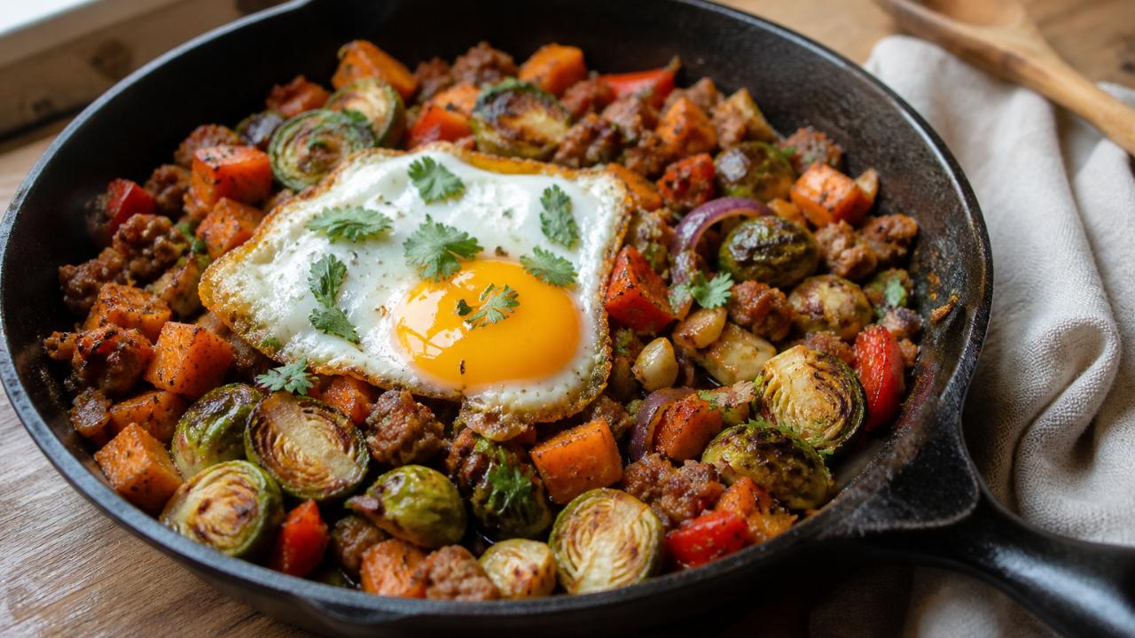 Sweet Potato Brussels Sprouts Sausage Hash
