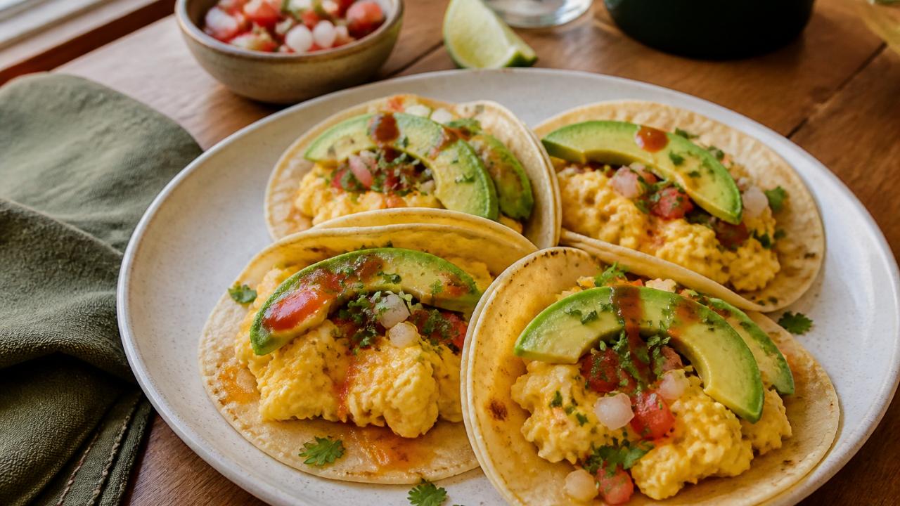 Breakfast Tacos with Eggs, Pico de Gallo, and Avocado