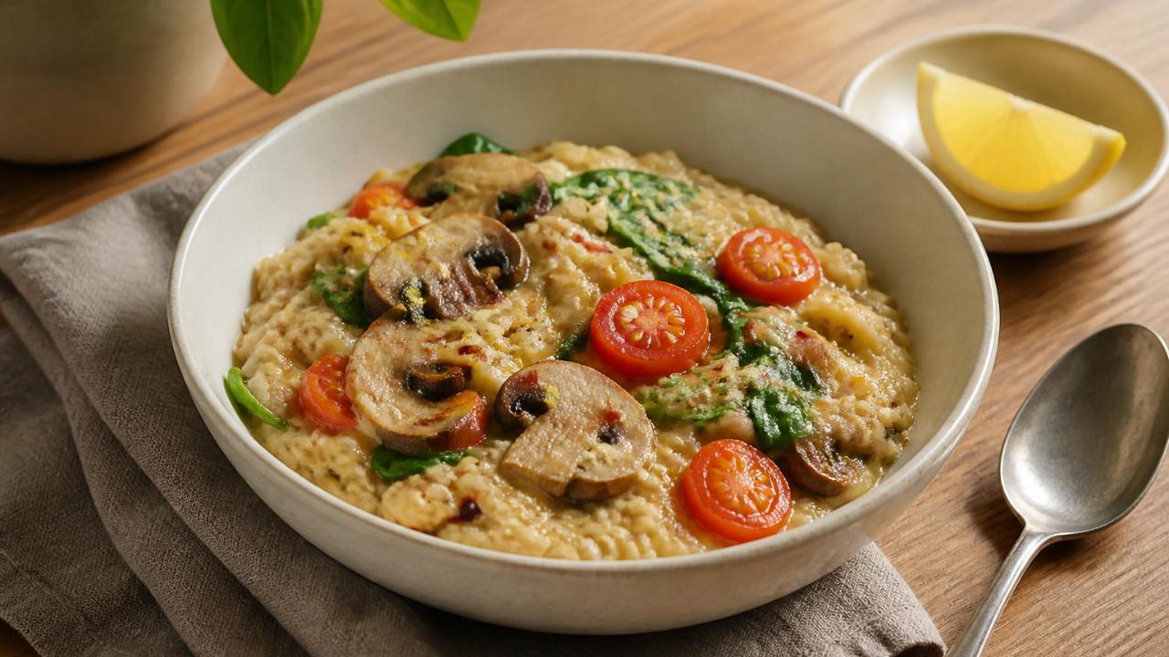 Savory porridge with tomatoes, mushrooms, and spinach