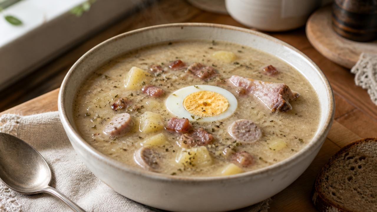 Sour rye soup with white sausage and egg