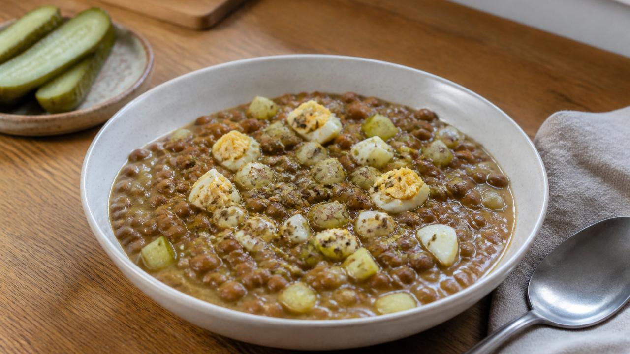 Sour brown lentils with pickled cucumber and egg