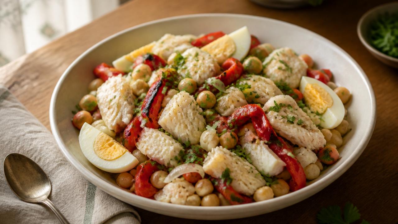 Partial cod salad with roasted red pepper