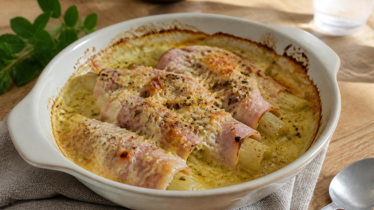 Gratin of roasted leek whites with ham