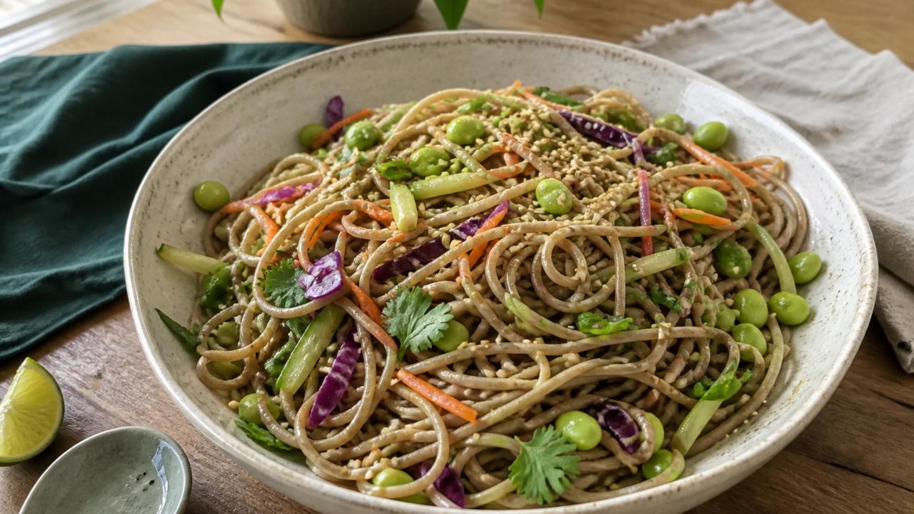 Cold soba noodle salad with edamame and sesame ginger dressing